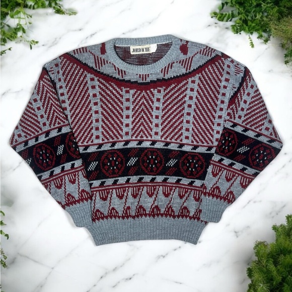 Vintage 80s Jordache Sweater Knit Gray Retro Geometric Après Ski Grandpa Core - Picture 2 of 10